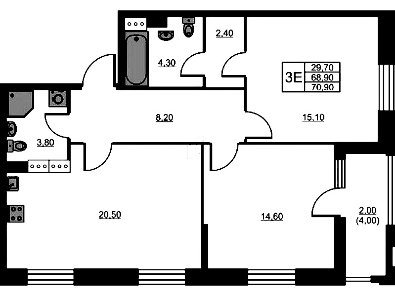 2-комнатная квартира 70.9 м², 4/13 эт., ЖК «Тайм Сквер»